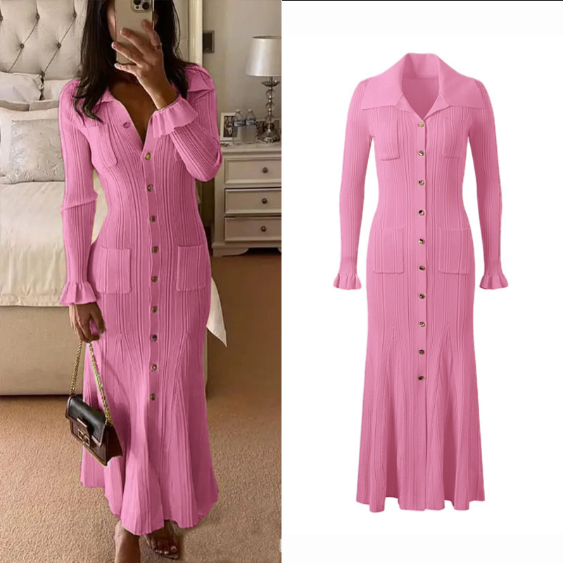 Early Autumn Polo Collar Long-Sleeved Sweater Dress for Women Export Aliexpress New Metal Buckle Large Hem Long Skirt Knitted Dress