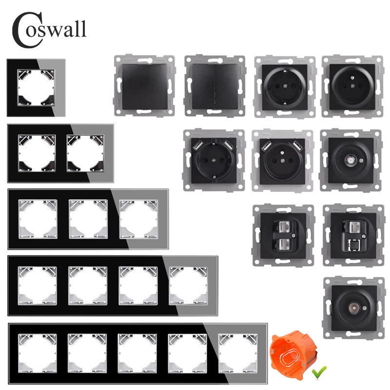 Tempered glass black European German French wall switch power socket foreign trade Series combination diy Tempered glass black European German French wall switch power socket foreign trade Series combination diy