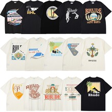 跨境外贸专用 RHUDE 复古字母海报印花夏季新款情侣宽松短袖t恤潮