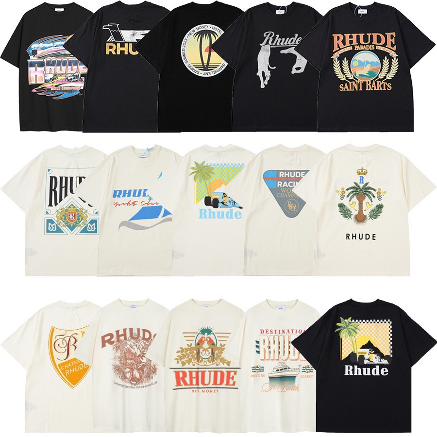 跨境外贸专用 RHUDE 复古字母海报印花夏季新款情侣宽松短袖t恤潮