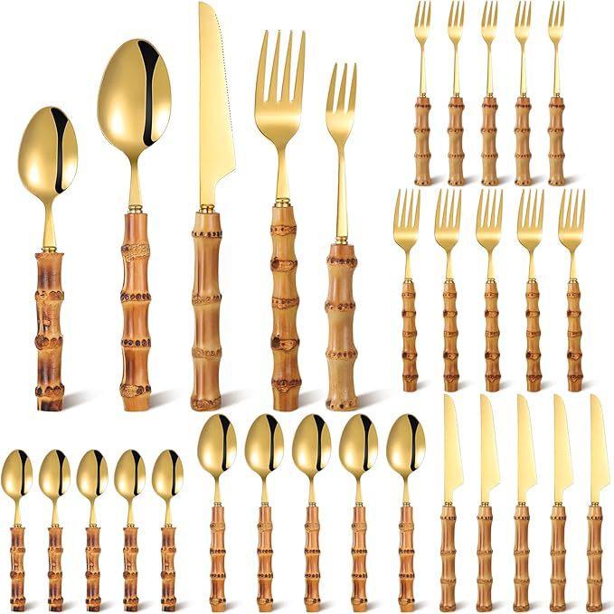 Bamboo Silverware Set Stainless Steel Cutlery Set Natural Tableware Cutlery Set Spoon Fork Knife Bamboo Handle Tableware