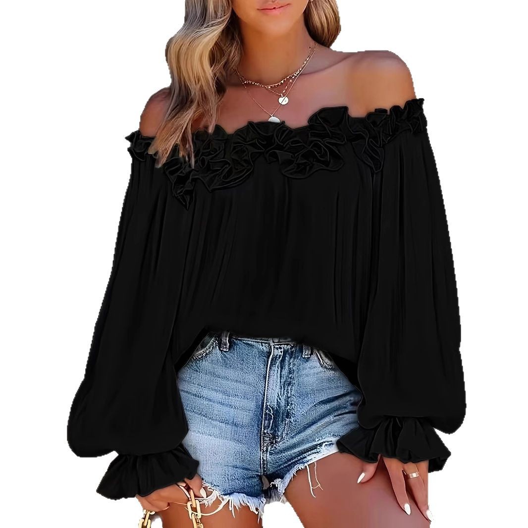 Elegant Off-Shoulder Long Sleeve Blouse With Flowy Bell Sleeves - Relaxed Fit Women's Tunic Top_ecoleips.com