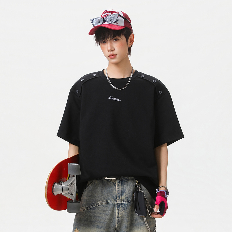 American-Style Casual Short-Sleeve T-Shirt for Men, Summer Loose Fit with Shoulder Button Closure and Letter Embroidery Half-Sleeve Tee Shirt American-Style Casual Short-Sleeve T-Shirt for Men, Summer Loose Fit with Shoulder Button Closure and Letter Embroidery Half-Sleeve Tee Shirt