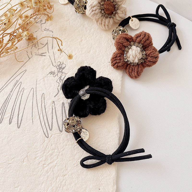 New Retro Milk Coffee Color Diamond-studded Wool Flower Simple Rubber Band Head Rope Hair Accessories display picture 6