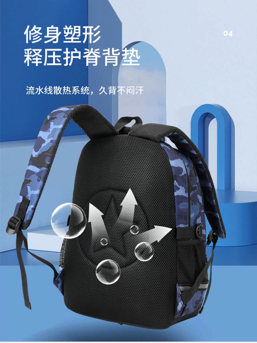 Natural fish nuevo estudiante de escuela primaria mochila niños grado 1-3 camuflaje casual gran capacidad de reducción de carga mochila entrega