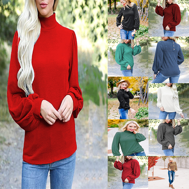 European and American 2022 Amazon women's hot button solid color turtleneck balloon sleeve loose casual sweater knitted top