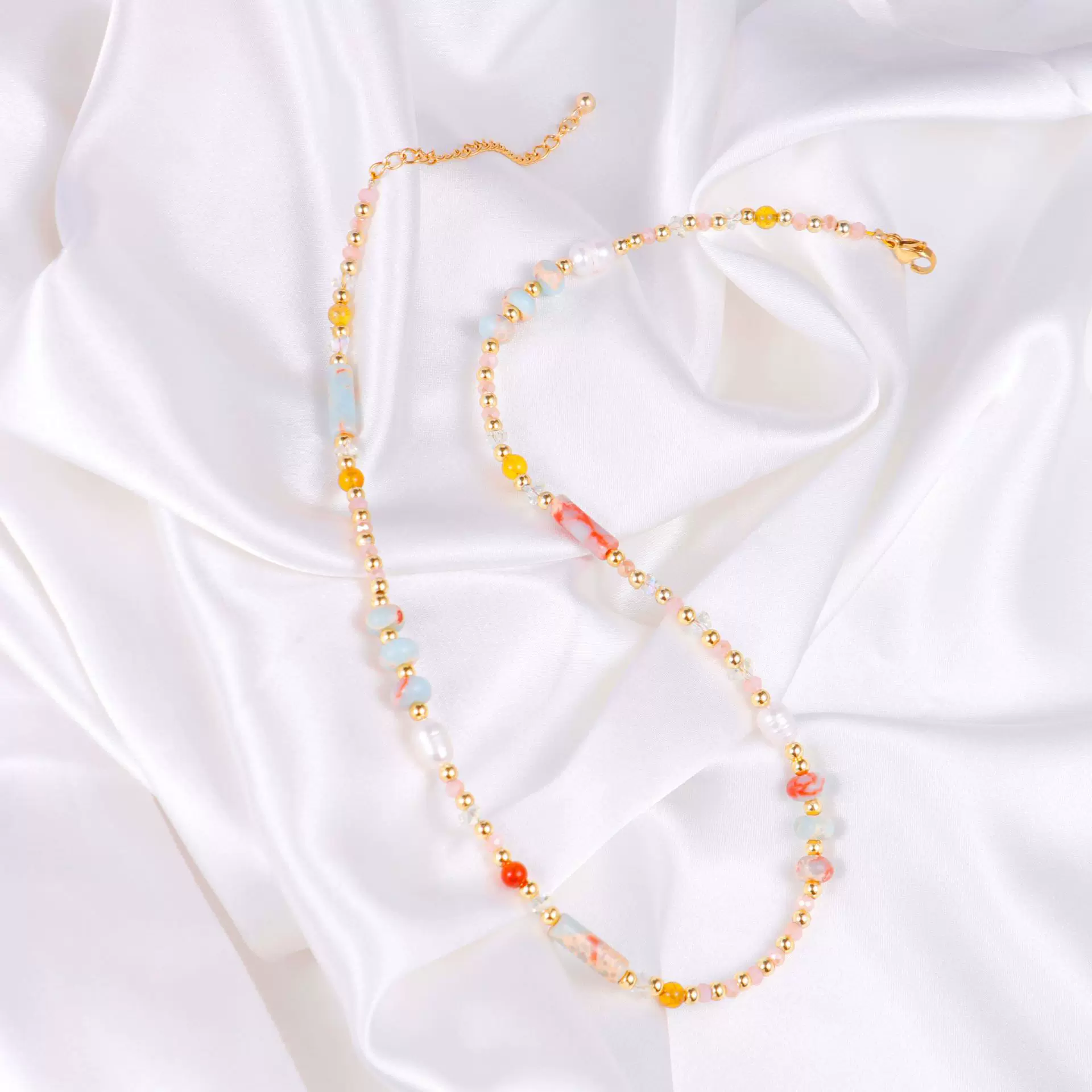 亚马逊配饰新品彩色天然石串珠项链女士小众高级感气质轻奢锁骨链