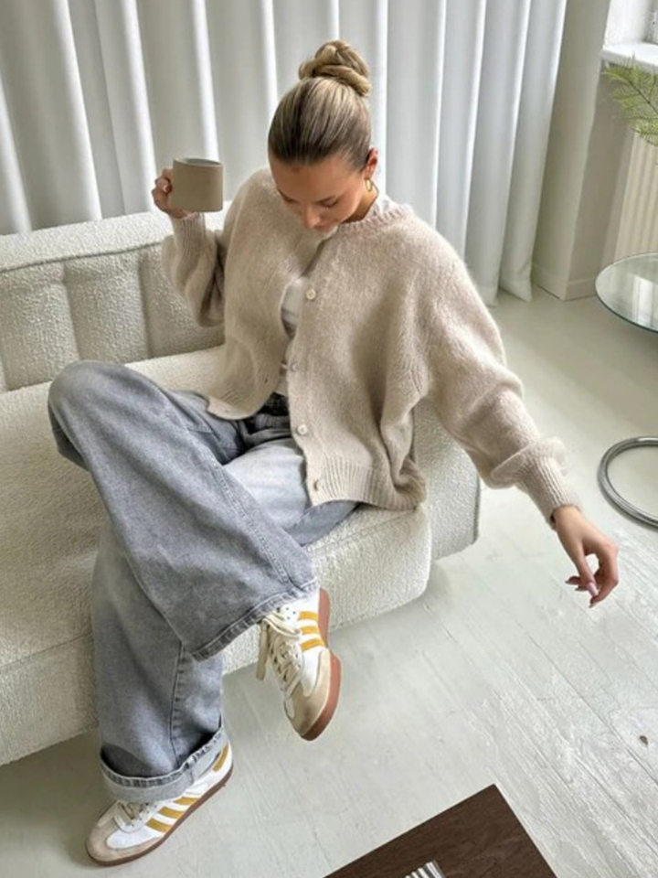 Áo cardigan len dệt kim dáng mỏng nhẹ cài nút một hàng, tay dài cổ tròn nữ — hoa hồng đỏ, màu be, màu cam, màu hoa cà chi tiết 123