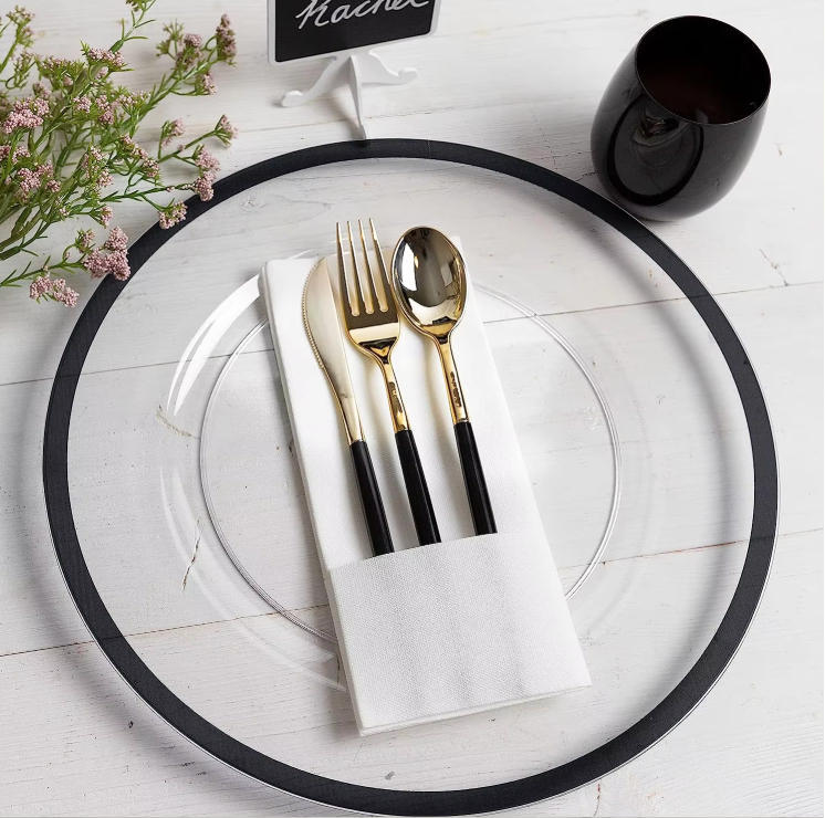 13 pulgadas acrílico transparente cargador de bordes de oro plano boda navidad baby shower party decoración plástica