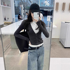 【人棉】美式独特修身短款外套女秋韩系辣妹设计感假两件上衣