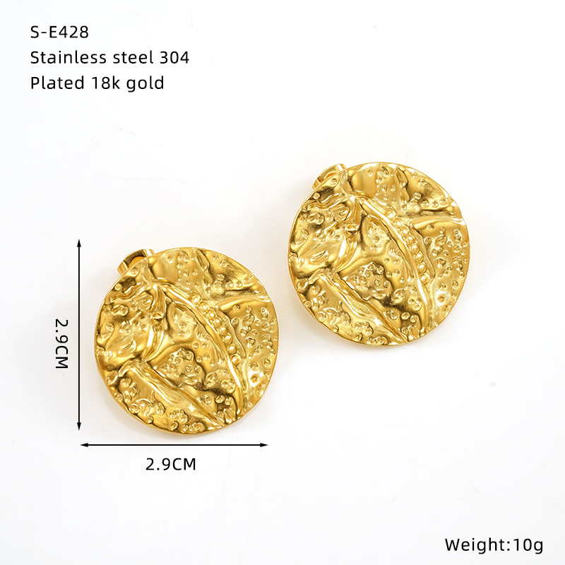 Stainless Steel Gold Plated Stud Earrings Retro Round Pattern_voghion.com