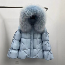 2024冬新款高端皮草大狐狸毛领连帽羽绒服女蝴蝶绑带加厚保暖外套