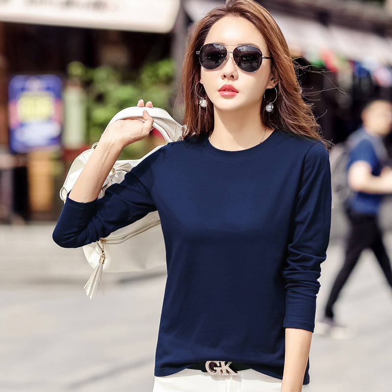2025 春と秋の新ボトリングシャツ女性の長袖 Tシャツスリム無地シャツ秋の Tシャツトップス|undefined