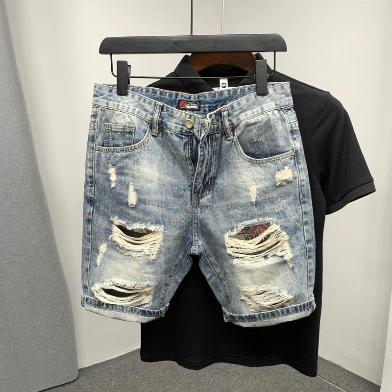 Summer New Style Distressed Slim-Fit Denim Shorts for Men, Trendy Fashion Personality Washed Blue 5-Inch Men's Shorts Summer New Style Distressed Slim-Fit Denim Shorts for Men, Trendy Fashion Personality Washed Blue 5-Inch Men's Shorts