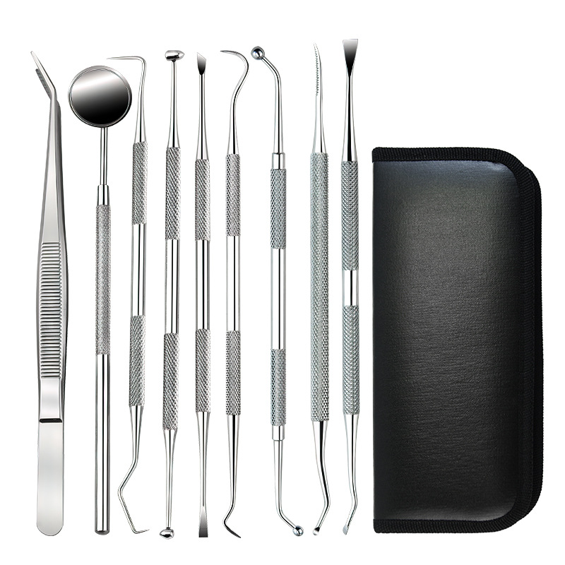Silver dental tool nine-piece set + black leather case