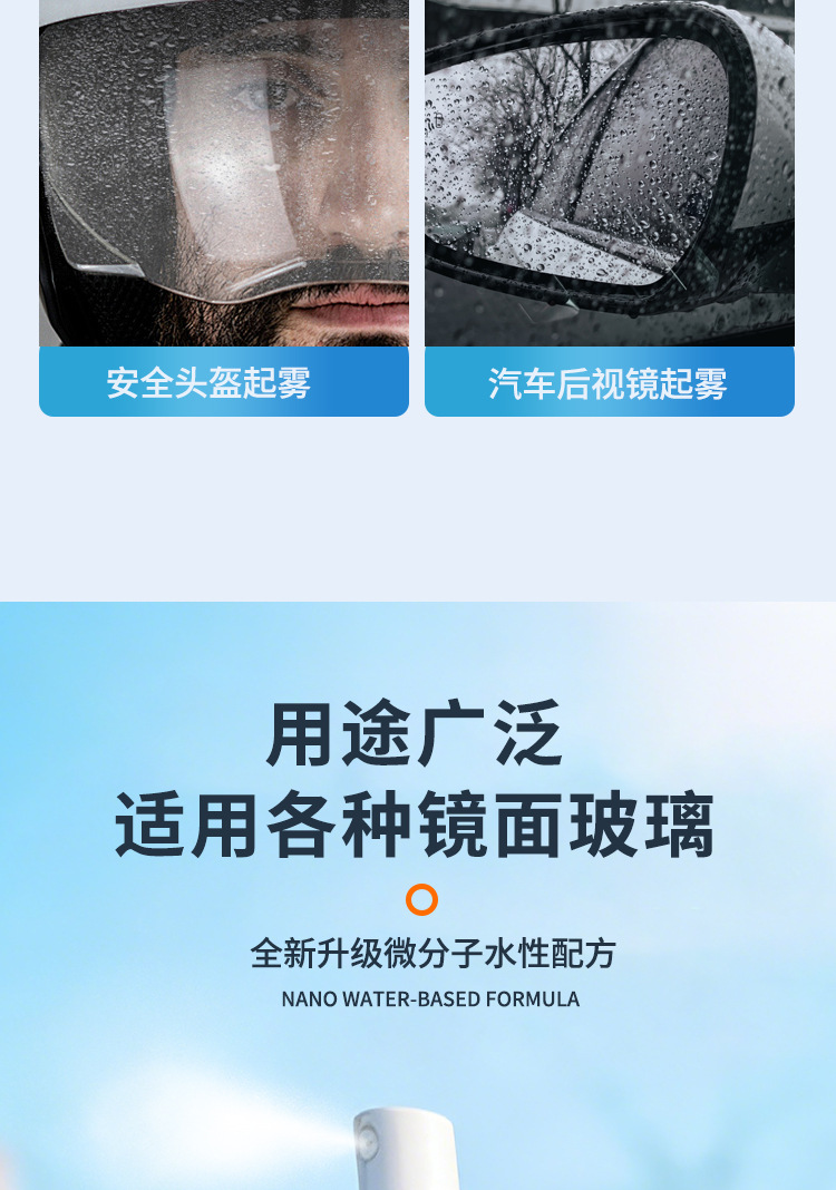 Anti-fog and anti-rain agent for car windshields, car window defogging spray, rearview mirror anti-rain and anti-fog car glass