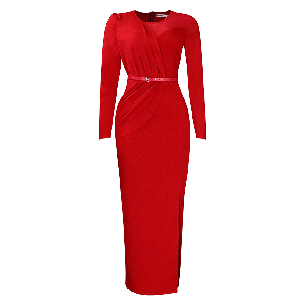 Damen Abendkleid Mit Langarm Und Mesh-einsatz Elegantes Festkleid_voghion.com