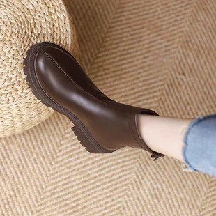 Soft Leather Boots Women's Short Boots Boots 2024 New Autumn and Winter Popular British Style Thick Sole Winter Fleece-lined