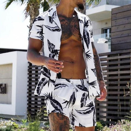 Verano Amazon venta caliente impresión 3D suelta camisa de manga corta traje casual hawaiano estampado de dos piezas para hombre