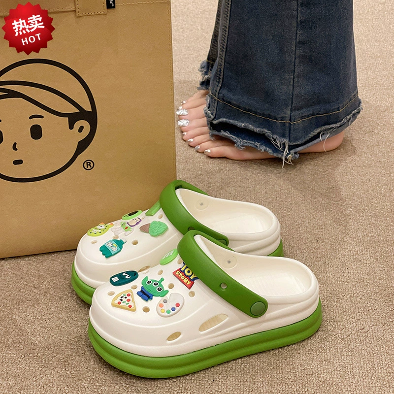 Две носить дырочные туфли женская летняя модная сеть красная милая мультяшная толстая подошва увеличена противоскользящая наружная ношение холодных тапочек