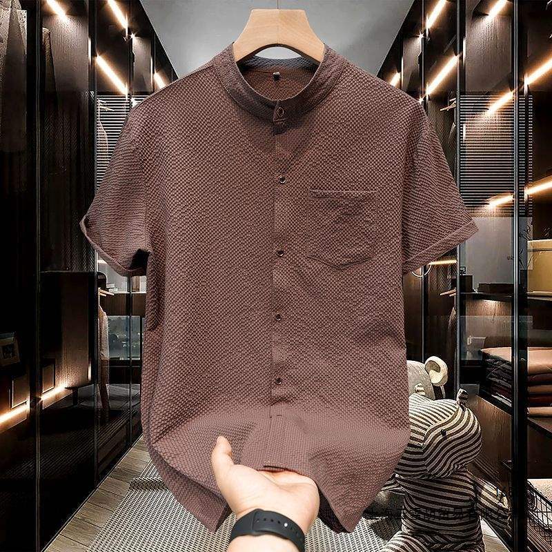 2026 Short-Sleeved Shirt Men's New Summer Solid Color Casual Shirt Youth Chinese Style Men's Fashion Business Stand-Up Collar