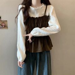 法式小香风长袖衬衫女早秋大码微胖m假两件皱褶上衣洋气卡腰小衫