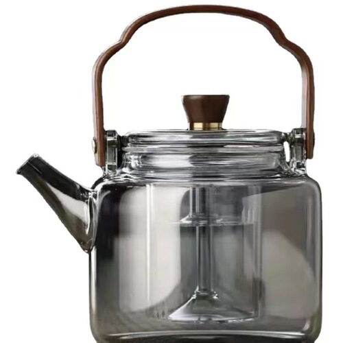 High borosilicate glass teapot walnut wood smoky gray handlebar teapot double-bile teapot heated by open flame