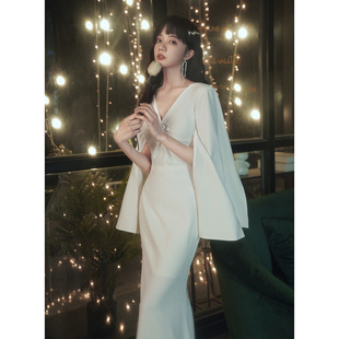 Elegant white evening dress for ladies slim-fit banquet temperament long registration fishtail host dress