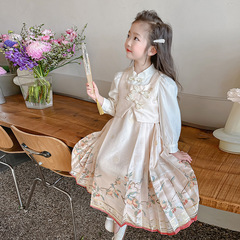 女童春裝連衣裙2024新款春季女寶寶新中式漢服兒童假兩件公主裙子