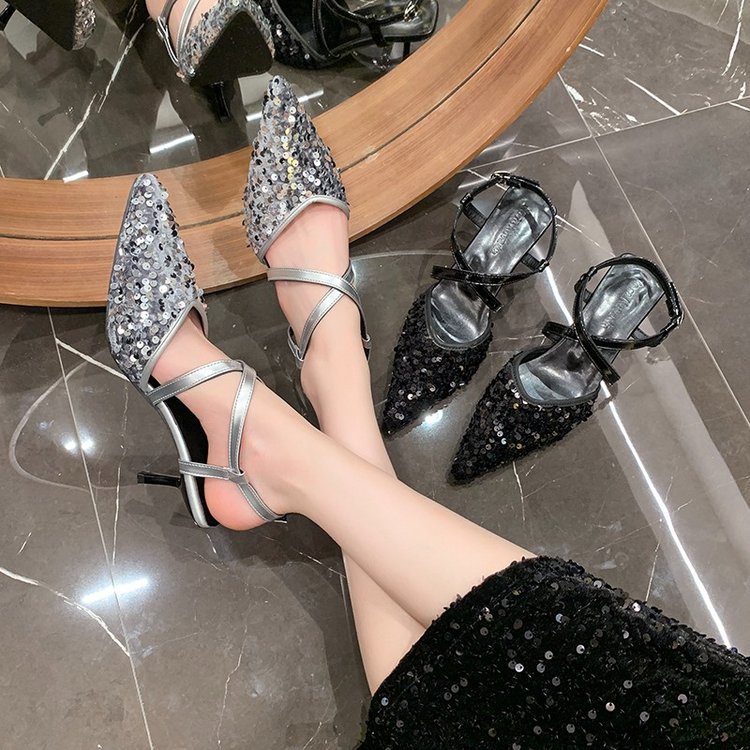 2024 Spring and Summer New Black Sequin Strappy High Heels Women's Stiletto Sandals Pointed Toe Baotou Single Shoes Sexy Sequins_voghion.com