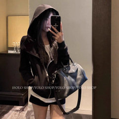 YOLO SHOP 黑色连帽卫衣女修身百搭设计感翻领美式开衫外套上衣