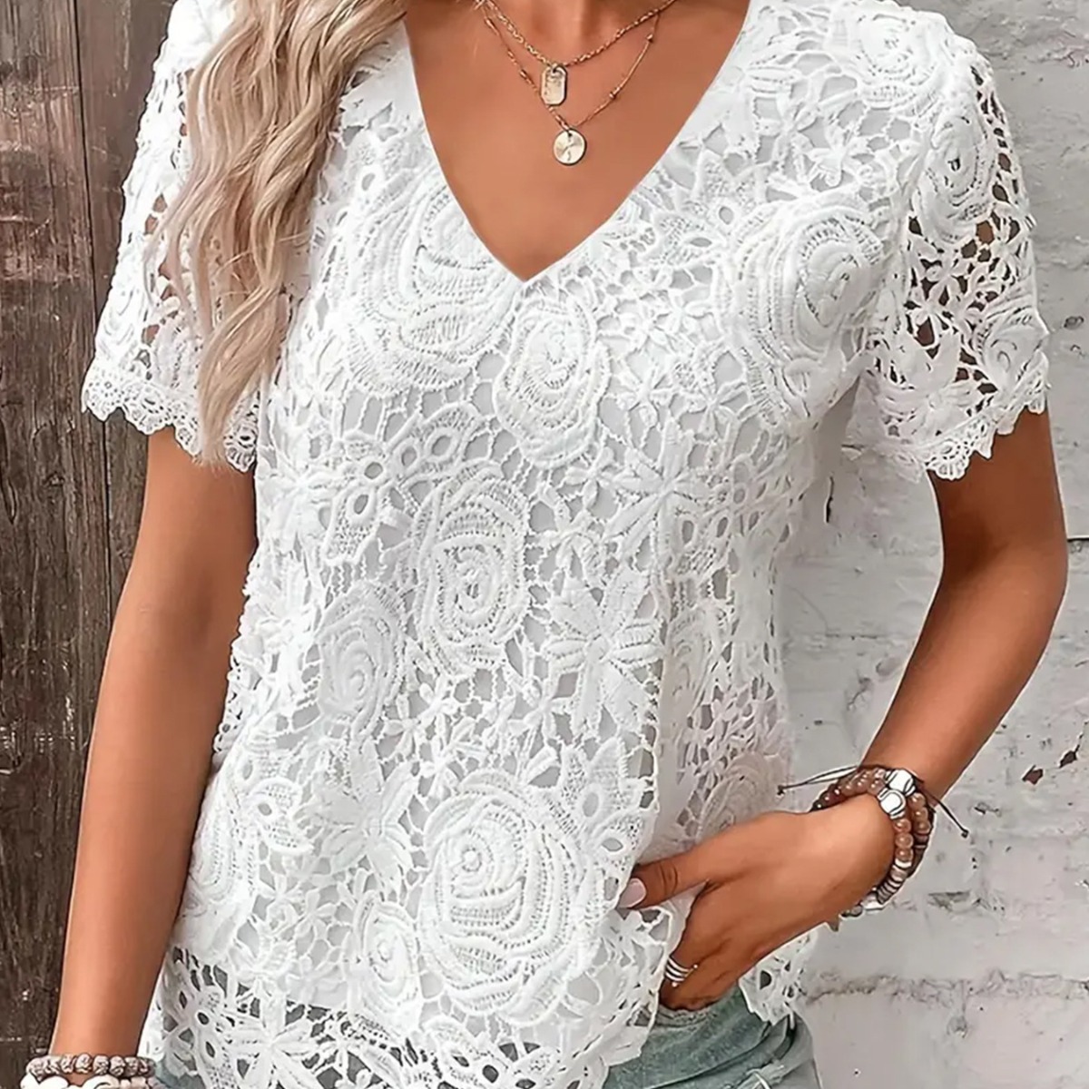 2023 New Arrival Amazon AliExpress European and American Style Women's Fashion V-neck Lace-free Short-sleeved T-shirt