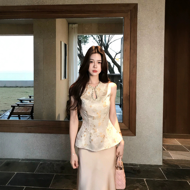 New Chinese-Style Suit for Women, High-End Elegant Engagement Dress, Sleeveless Vest Top, Satin Skirt Two-Piece Set