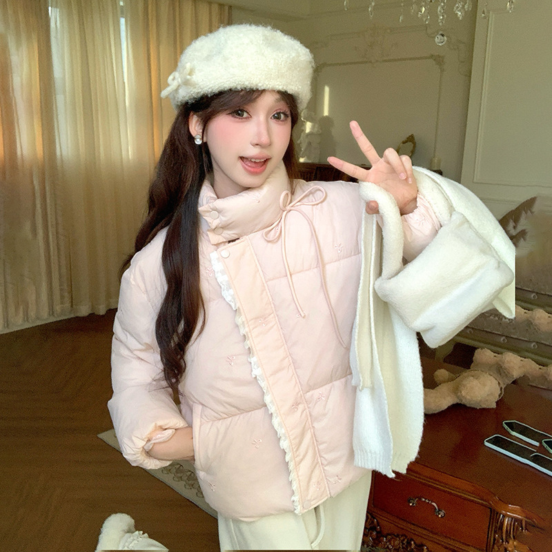 Korean Style New Sweet Pink Bow Stand Collar Cotton Jacket for Women, New Thickened Puffer Jacket for Petite Figures
