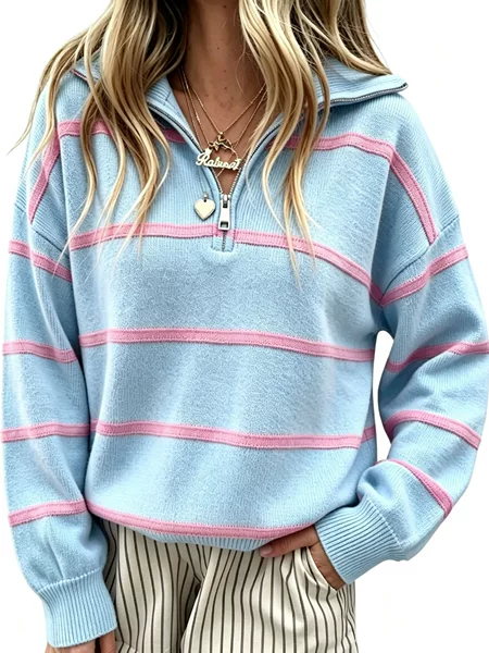 2026 Autumn/Winter New Striped Zipper Sweater for Women, Loose Pullover Knitwear, European and American Cross-Border Fashion Top