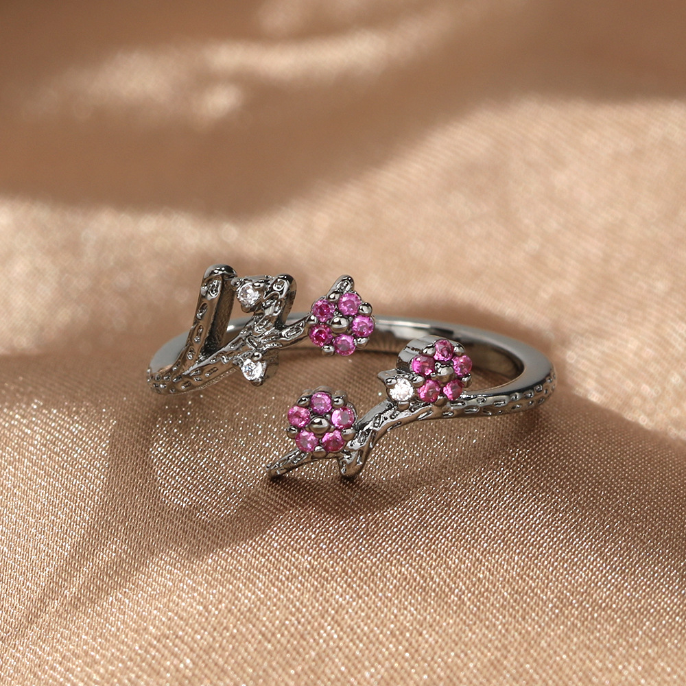 Daily Occasion Elegant Flower Copper Inlay Zircon Open Ring