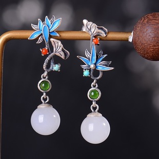 New 2024 Xinjiang Hotan Jade S925 Silver Inlaid Round Bead Earrings Earrings Earrings 10mm Round Bead Jade Earrings Earrings