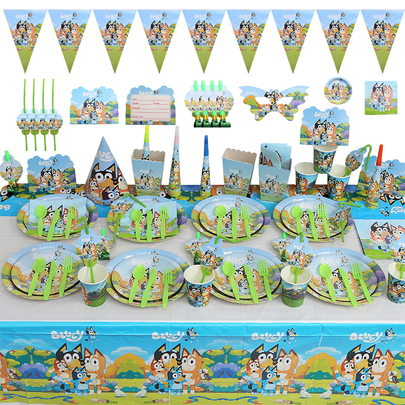 New Cartoon Dog Brui Theme Birthday Party Decoration Triangle Atmosphere Banner Disposable Dinner Plate Set