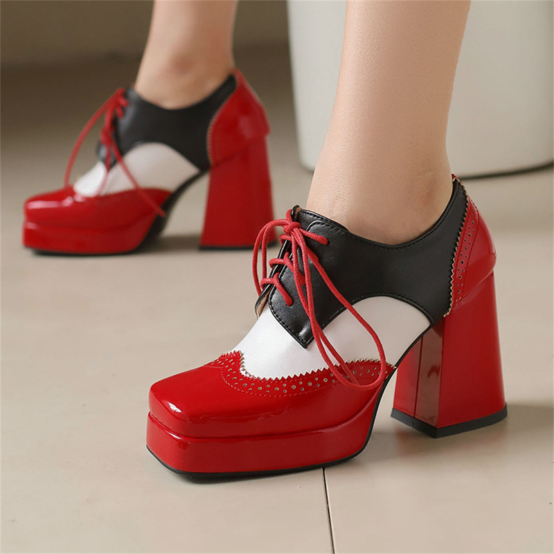 Cross-border foreign trade women's shoes, color-blocked, chunky heel, square toe, lace-up, platform high heels, fashionable plus-size women's shoes 33-48 Cross-border foreign trade women's shoes, color-blocked, chunky heel, square toe, lace-up, platform high heels, fashionable plus-size women's shoes 33-48