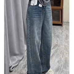 复古蓝阔腿宽松牛仔裤女秋冬加绒高腰大码显瘦胖mm梨形身材直筒裤