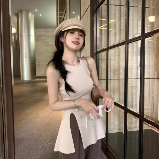 Pure Green Design Sense Knitted Camisole Women's Summer New Style Chic Hot Girl Slim-fit Slimming Sleeveless Top