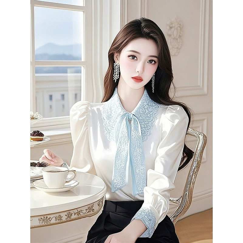 2025 новый темпераментный кружевной отворот белая ацетатная атласная рубашка женская миссис Чун Куо благородный топ