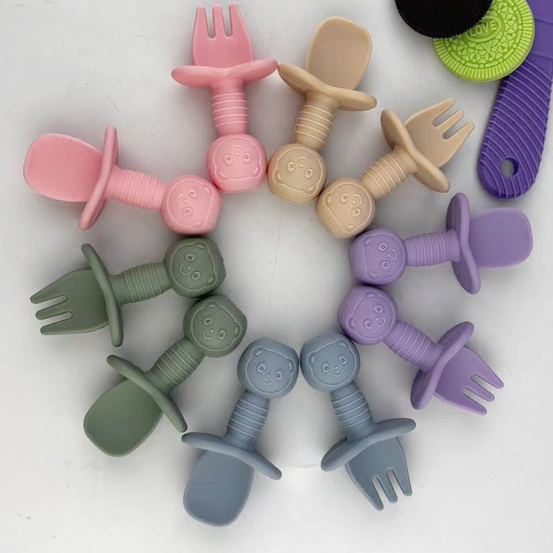 New Cross-Border Short-Handled Feeding Silicone Spoon and Fork Baby Learning to Eat and Lick Children's Training Mother and Baby Feeding Set