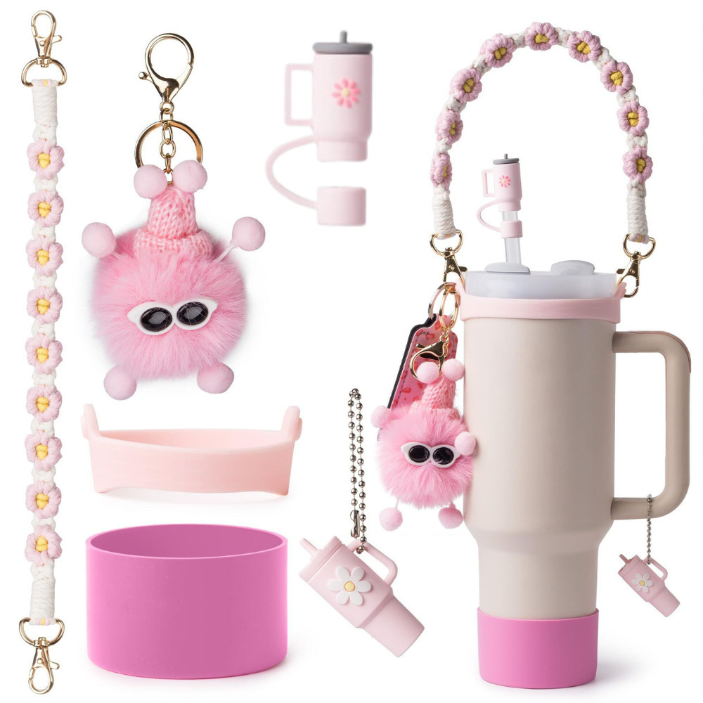 7pcs taza Stanley cuerda de mano colgante de silicona flor tapa de pajita bola de felpa colgante de copa cadena de taza de color
