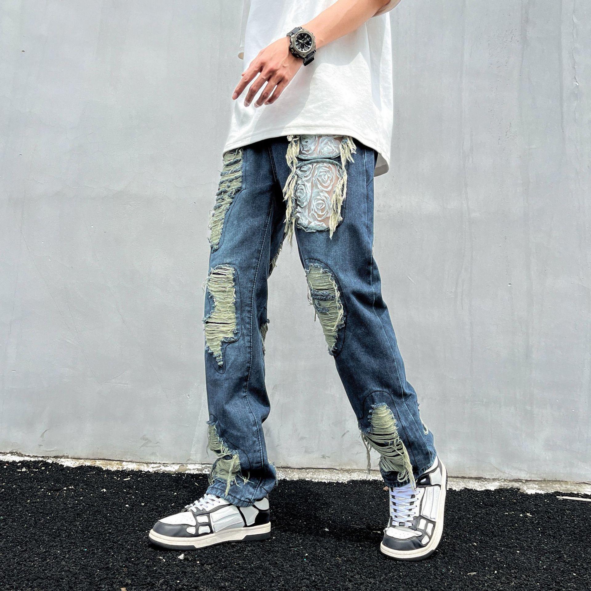 Tie-Dye Ripped Jeans For Men And Women American High Street Vintage Washed Slim Fit Flared Pants_mkmklike.com