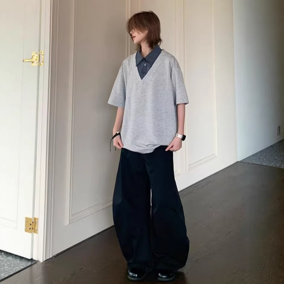 美式休闲风假两件衬衫领短袖T恤女夏季宽松百搭高级感polo衫上衣