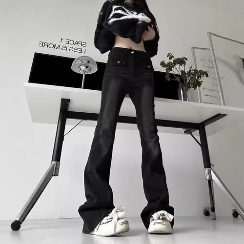 American Retro Micro Bell-bottom Jeans for Women - Spring and Autumn Season, High-waisted Tight Slimming Hot Girl Street Style Hoop Piling Pants