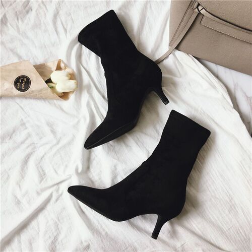 Black elastic sock boots with faux fur lining, mid-calf height, autumn/winter, stiletto toe, slimming fashion boots for women