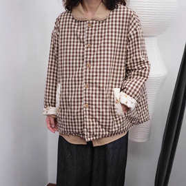 2024秋冬新款棉麻夹棉复古印花和格子两面穿的薄棉服外套女