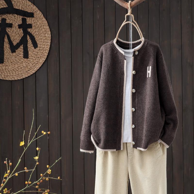 Spring New Loose Solid Color Round Neck Single-Breasted Knitted Cardigan Women's Loose Versatile Commuter Artistic Sweater Jacket